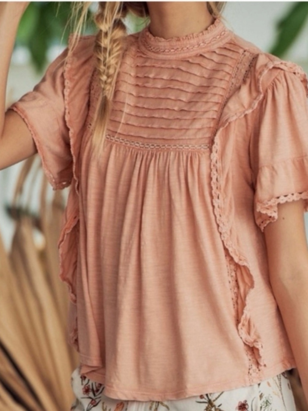 Free people Le Femme Peach Ruffle Pintuck Blouse S/P